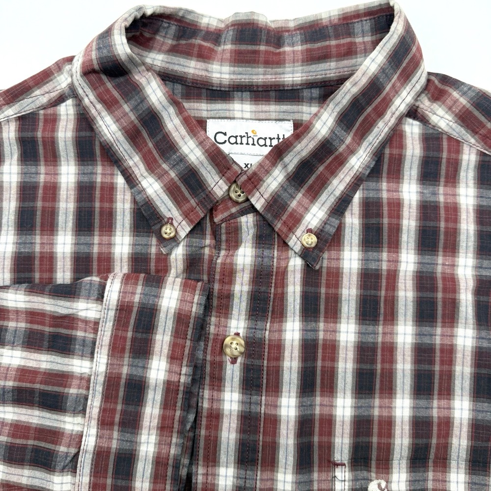 Carhartt Button Down Shirt Men XL Burgundy Navy Plaid Long Sleeve Cotton Work
